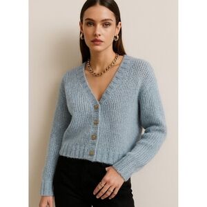 Merge Blue Ribbed Knit Button Front Cardigan Women’s V-Neck Long Sleeve Sweater